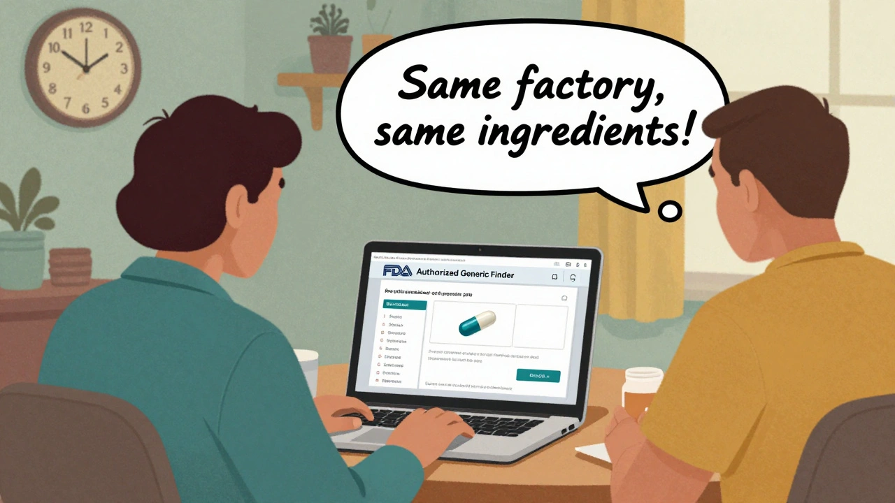 Patient using a laptop to check FDA&#039;s Authorized Generic Finder tool, with a thought bubble showing identical pills.