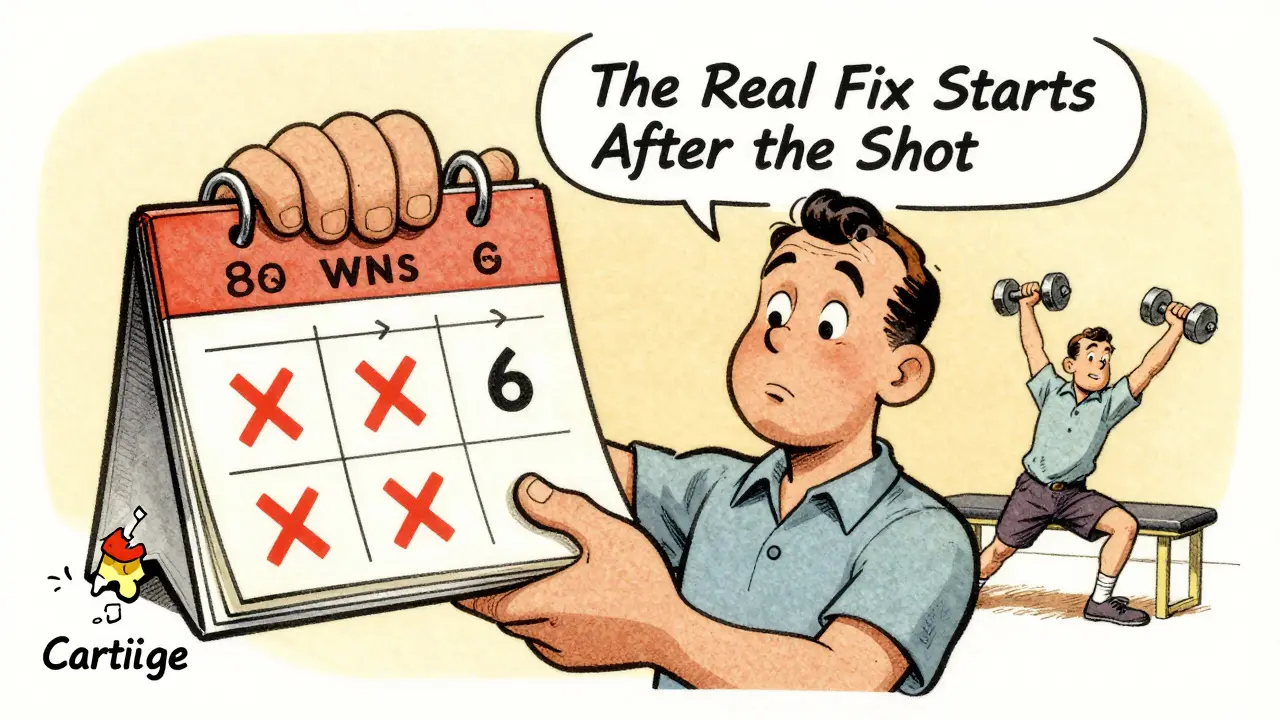 Patient with calendar showing diminishing shot effectiveness, joint crumbling, and doing physical therapy in background.
