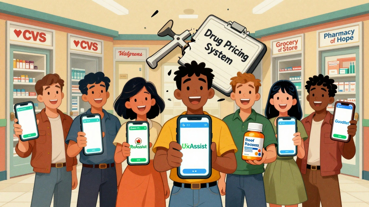 People use apps to find cheap generics at different pharmacies, with one holding a free pill bottle from a patient assistance program.