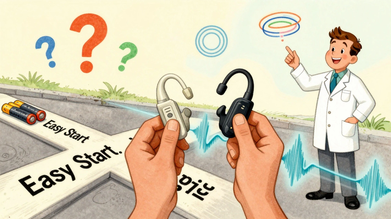 Person choosing between CROS and bone-anchored devices at a crossroads with visual metaphors.