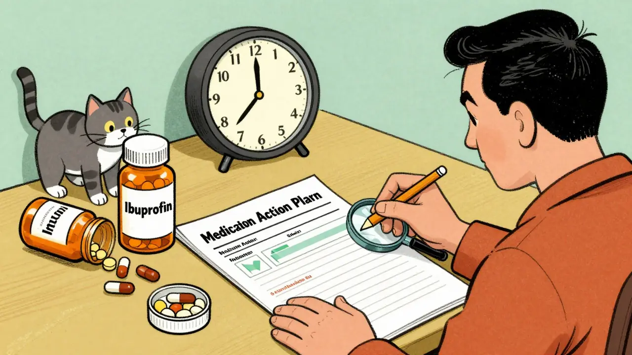 Person filling out Medication Action Plan at home with pill bottles and cat nearby.