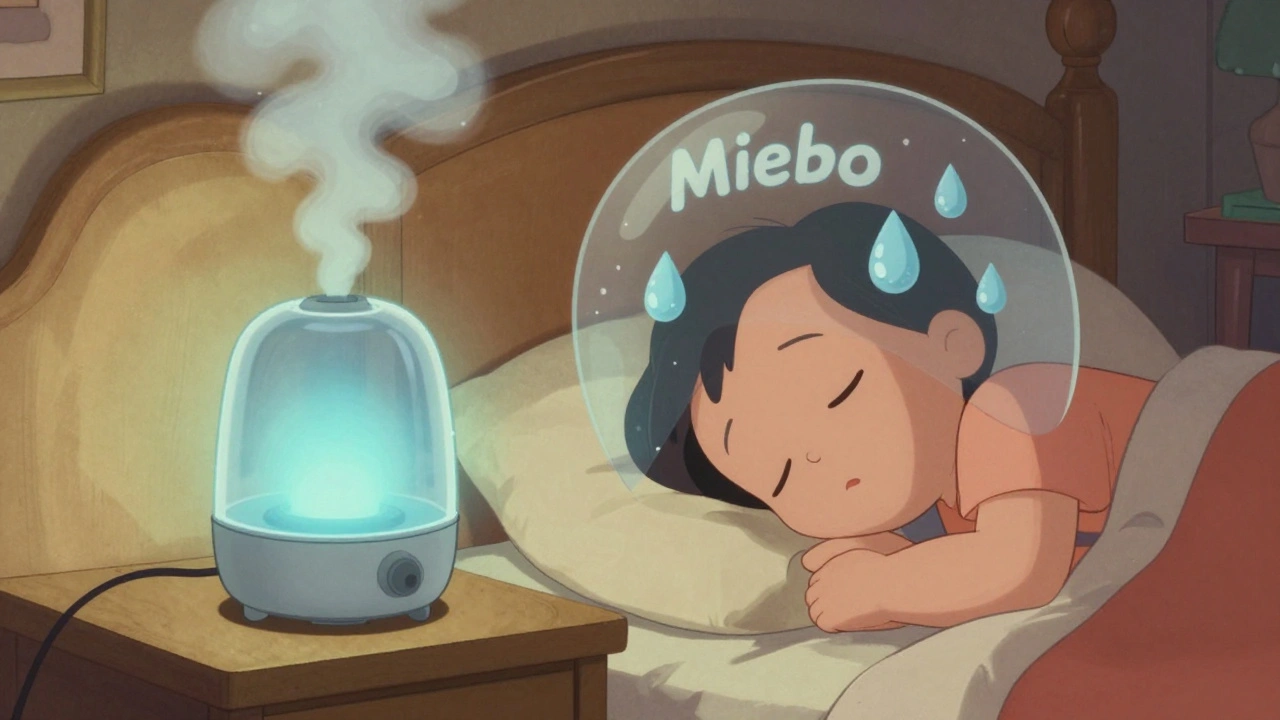 Person sleeping with humidifier releasing mist, cartoon tears floating peacefully