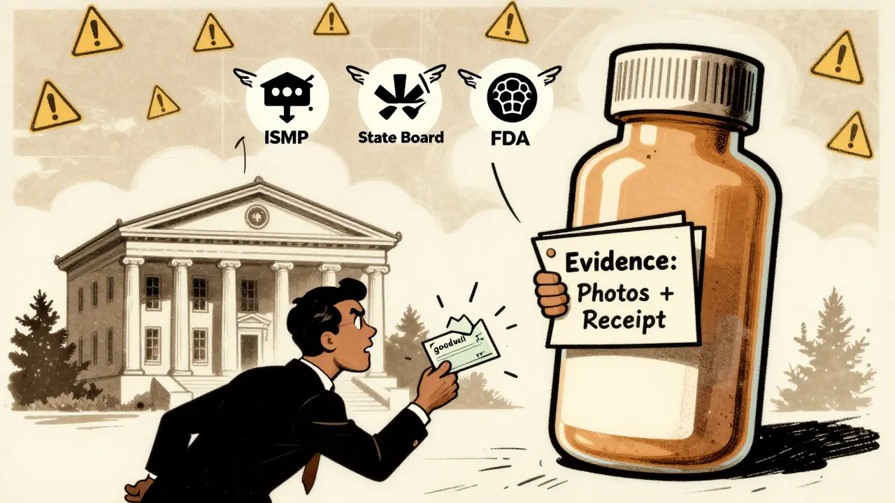 Person standing before a pill-shaped courthouse, rejecting a settlement check.