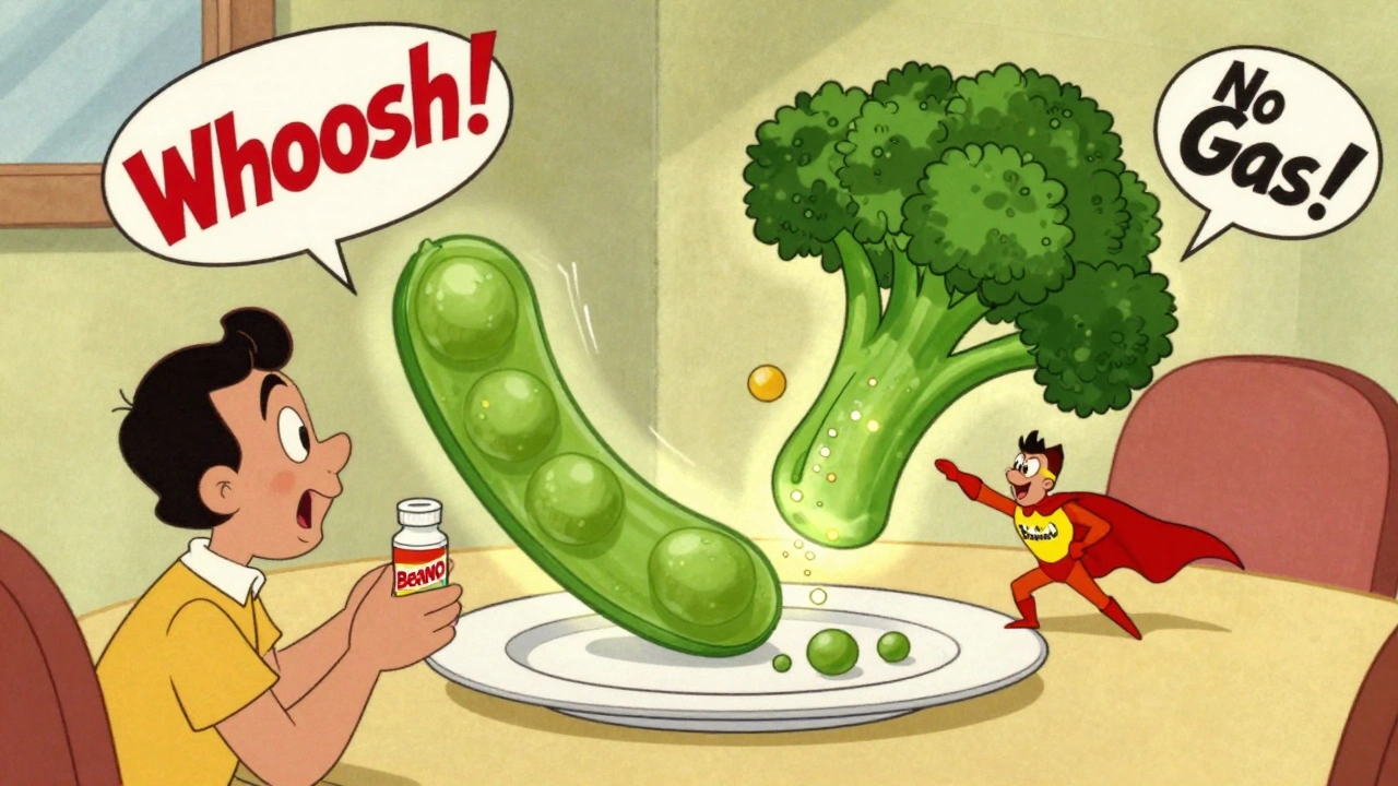 Person taking Beano before meal as enzymes break down cartoon beans and broccoli.