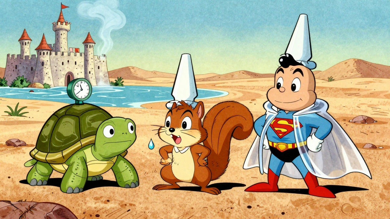 Personified eye drop bottles as characters, one superhero shielding eyes from dryness