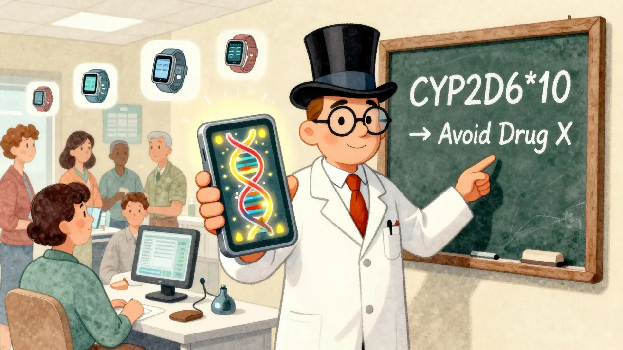 Pharmacist and cartoon AI assistant examine a patient's DNA warning, with wearable and health data icons nearby.