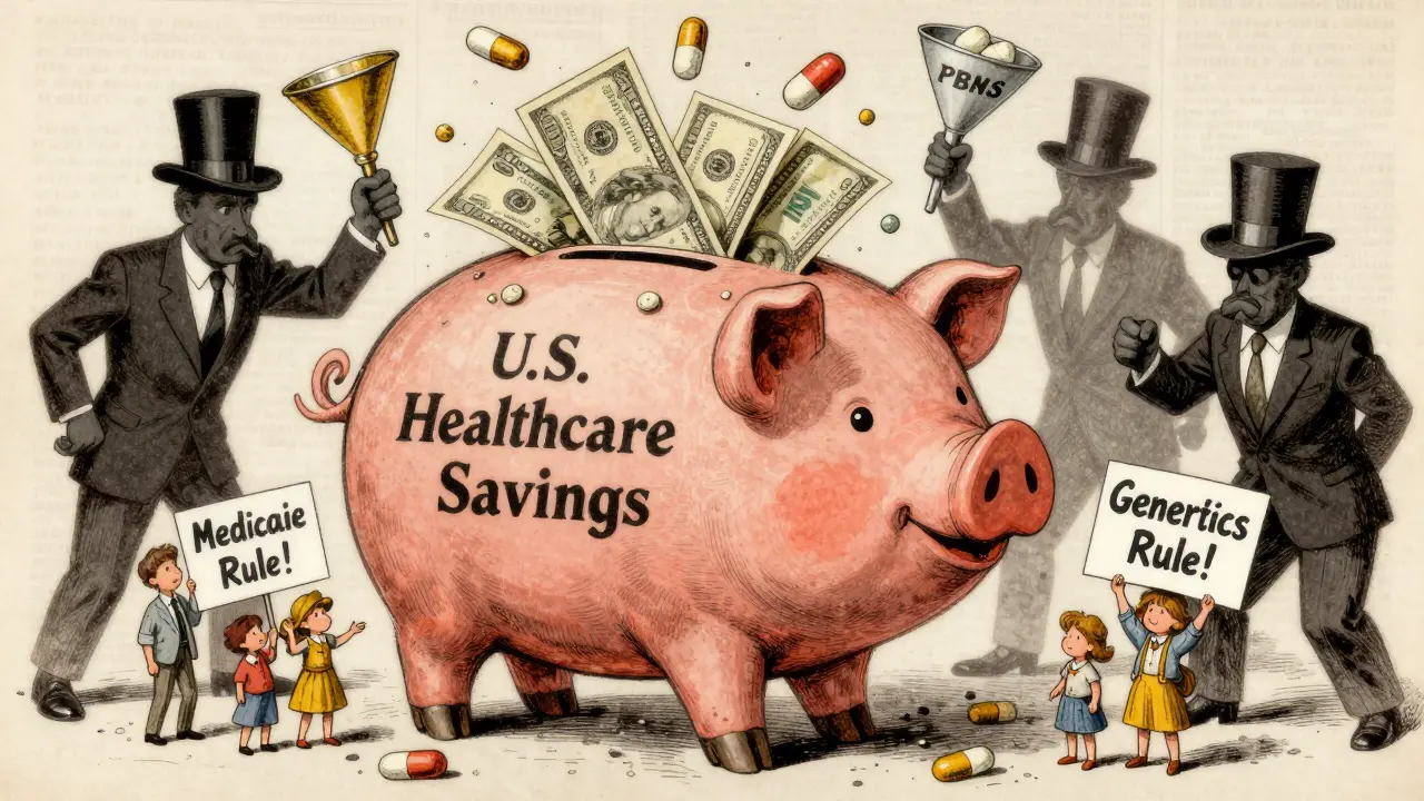 Piggy bank overflowing with pill-shaped cash as corporate figures try to stop healthcare savings.