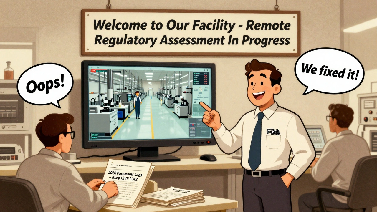 Retro cartoon of a foreign factory undergoing a digital FDA remote assessment with labeled production logs.