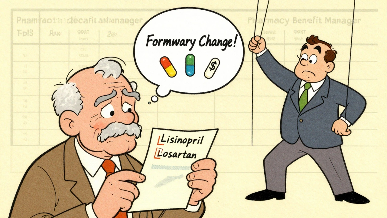 Senior holding formulary change letter with cartoon PBM pulling strings of different pills.