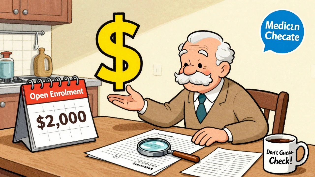 Senior reviewing Medicare formulary at kitchen table with dollar cap and Open Enrollment calendar.