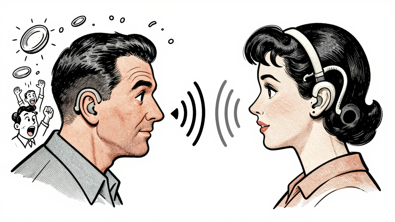 Side-by-side cartoon comparison of CROS sound routing vs. bone-anchored sound transmission.