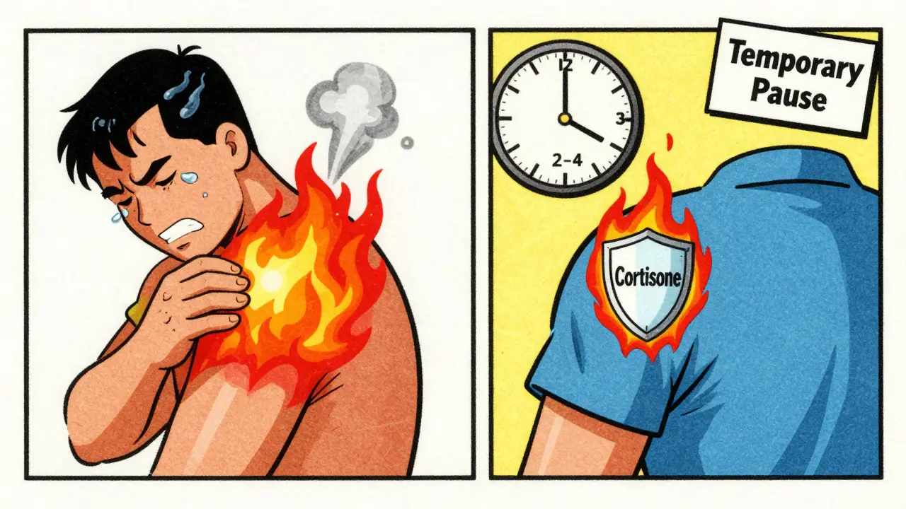 Side-by-side cartoon showing inflamed shoulder vs. calm shoulder after cortisone, with a 2-4 week clock ticking down.