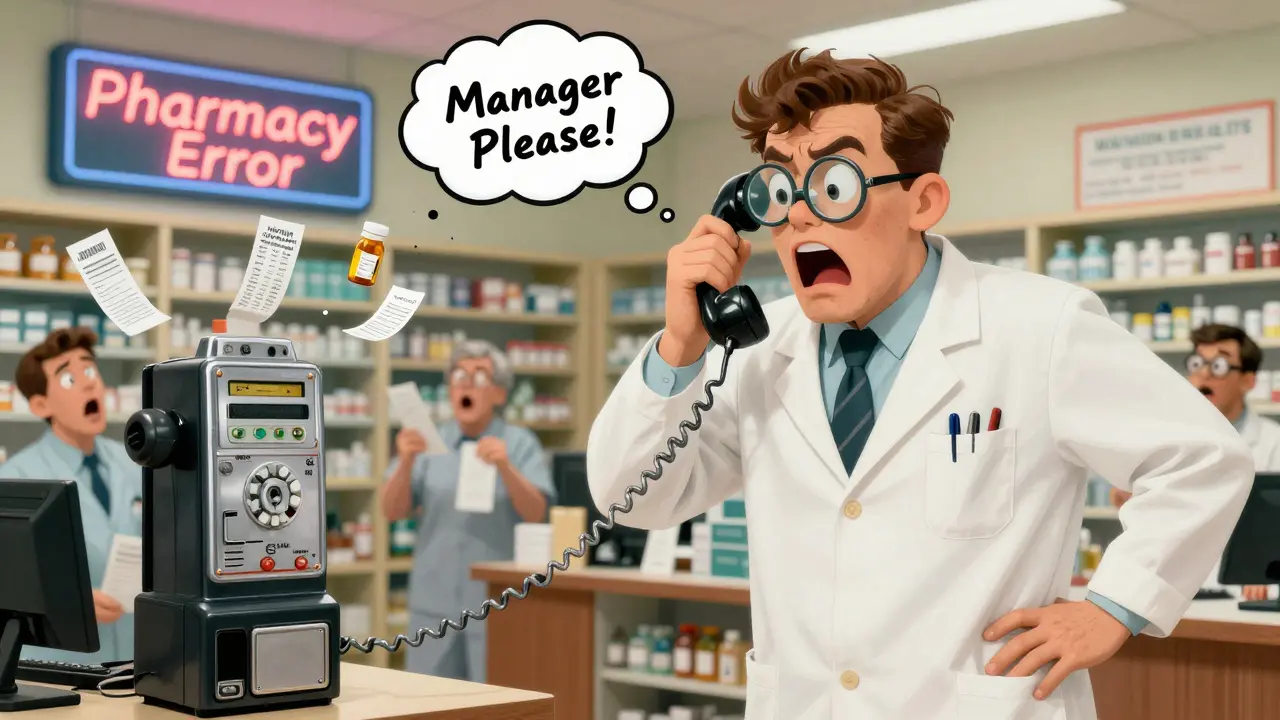 Someone on a phone yelling at a pharmacist, with evidence hovering nearby.