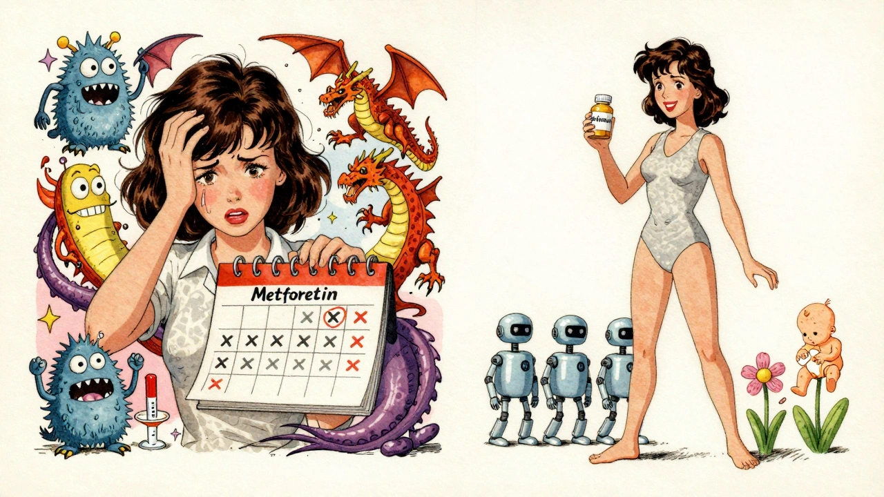 Split cartoon scene: stressed woman with missed periods vs. calm woman with ovulating ovaries and baby silhouette.