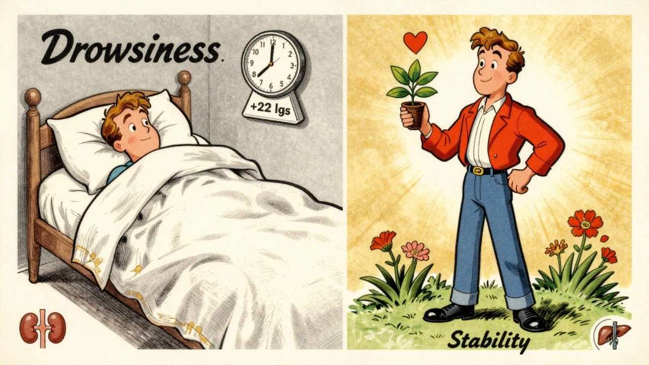 Split scene: person sleepy on bed vs. standing confidently in garden, showing medication side effects and stability.