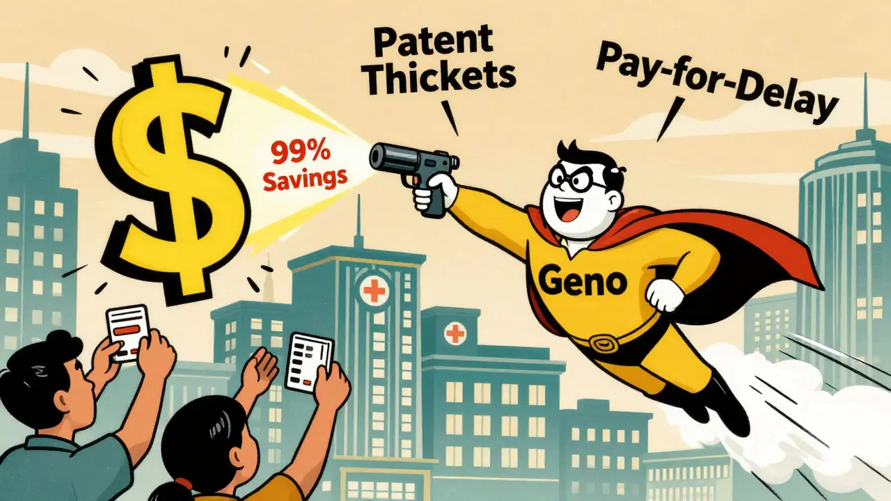Superhero generic pill fighting drug industry tricks with savings rays in a medical cityscape.