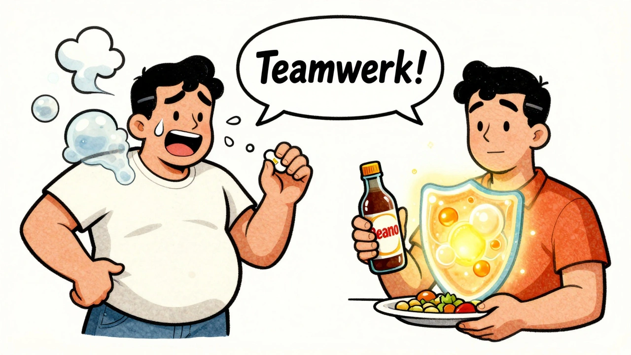 Two characters side by side: one using simethicone for relief, other using Beano to prevent gas.