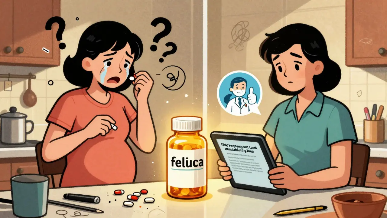 Two pregnant women in a kitchen: one discarding meds in panic, the other calmly reading FDA safety info, with folic acid bottle glowing between them.