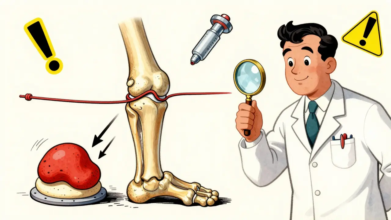 Vintage cartoon knee anatomy showing ACL snap and meniscus zones with blood flow colors.