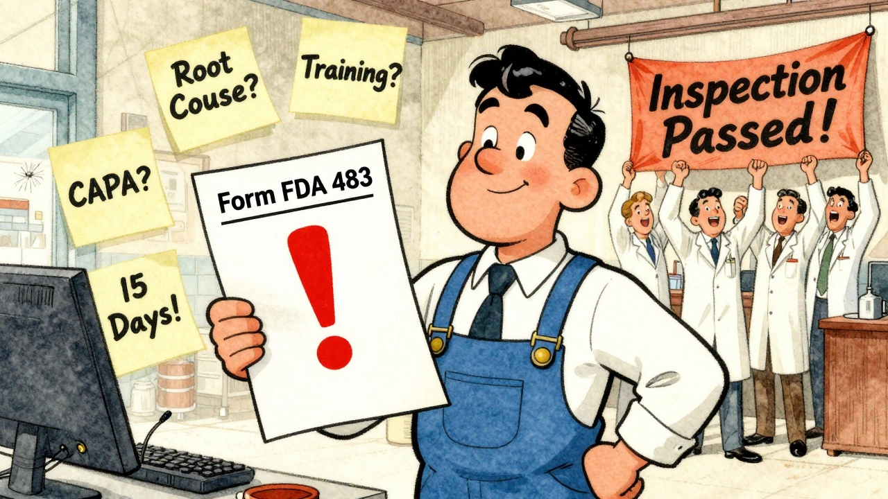 Whimsical cartoon of a worker holding an FDA 483 form surrounded by compliance reminders and a team celebrating.