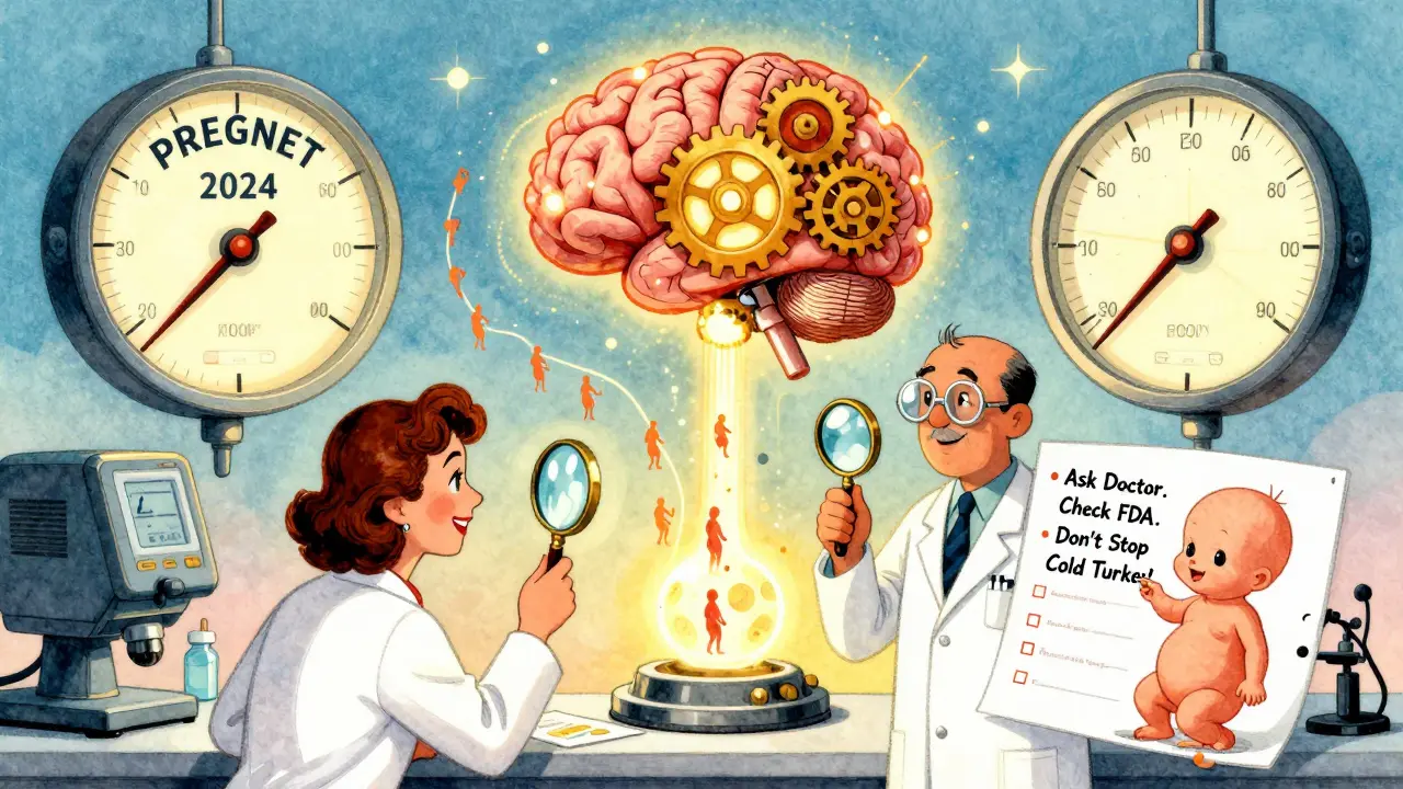 Whimsical sky lab with scientists tracking pregnancy data, AI brain glowing, and a woman checking drug labels under a magnifying glass.