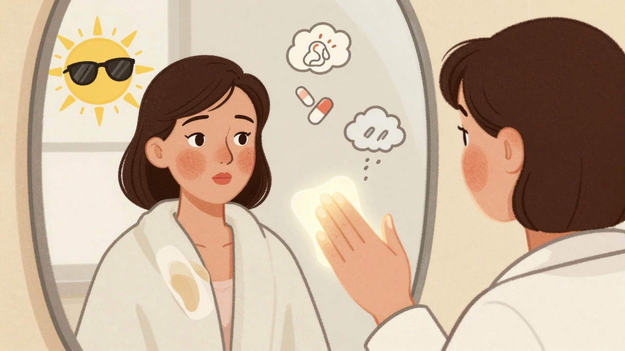 Woman with facial melasma being gently treated by a symbolic hand, with sun and silicone sheet icons.