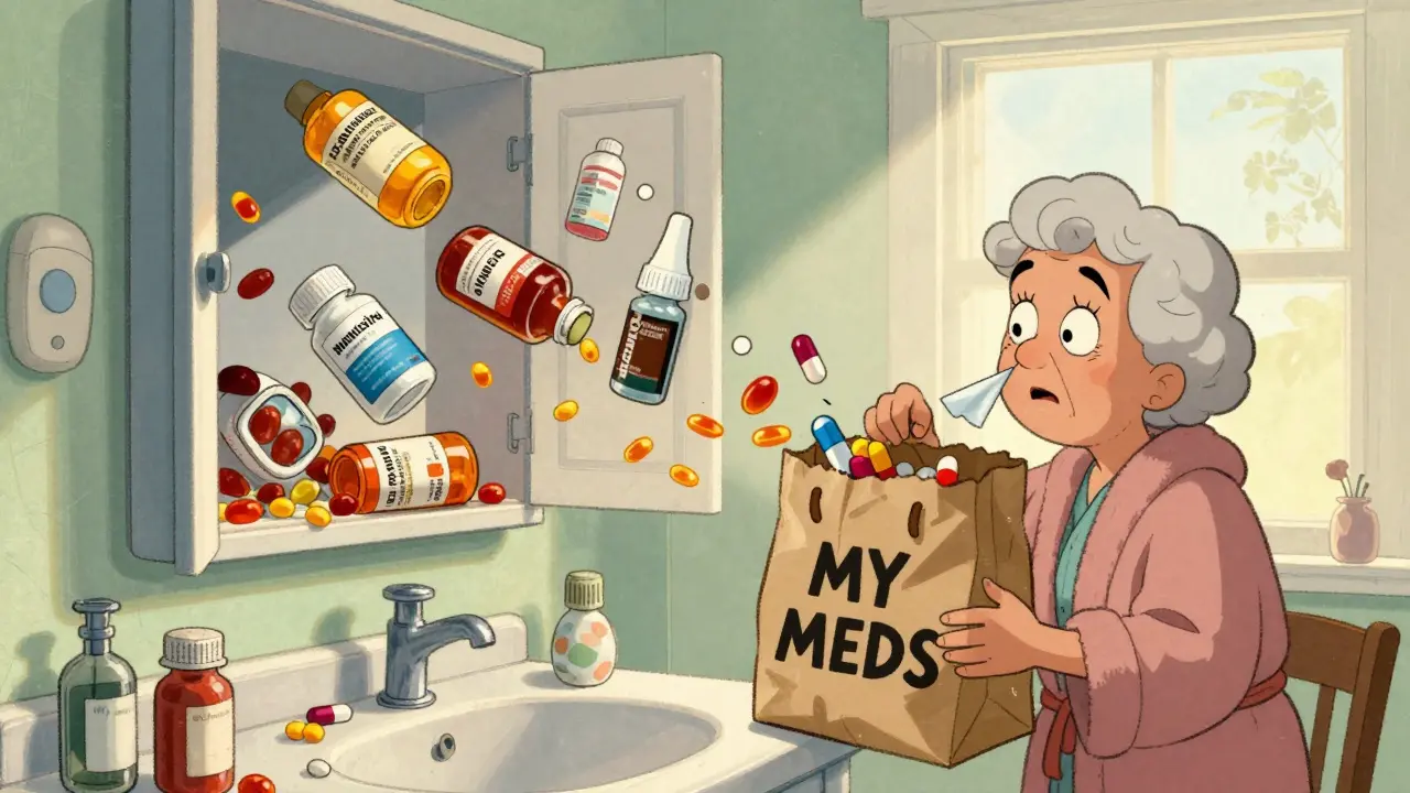 A bathroom cabinet overflows with medicine bottles and supplements in a whimsical cartoon scene.