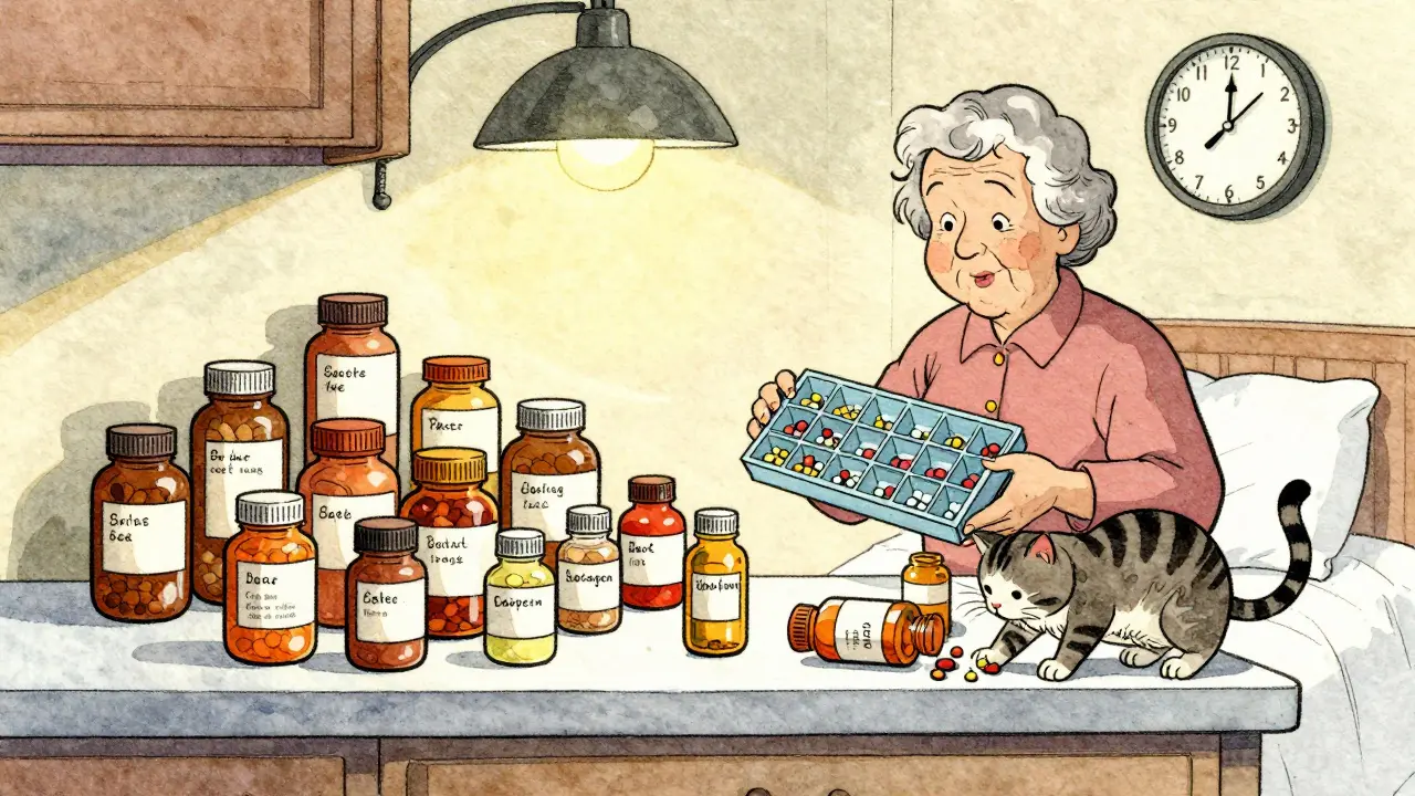 A cluttered kitchen counter with many medicine jars and a woman struggling with her pill organizer.