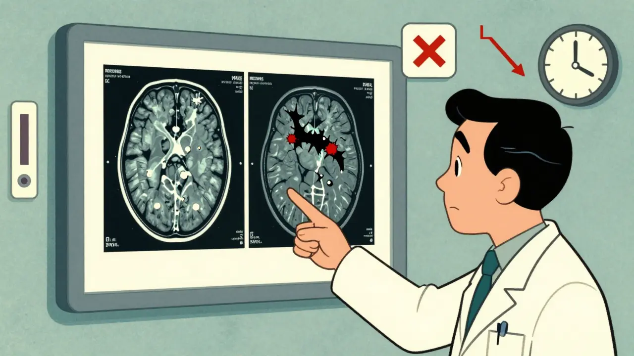 A doctor and patient examine an MRI with PML lesions highlighted, surrounded by risk icons in vintage cartoon style.