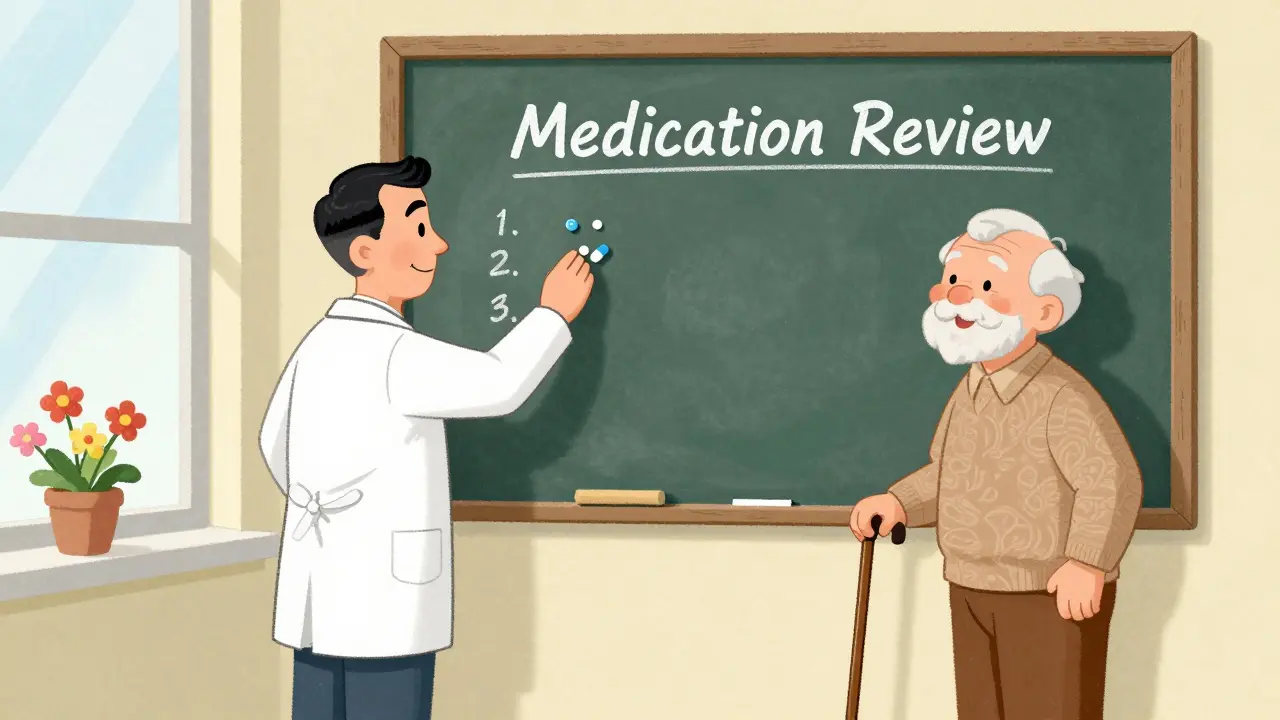 A doctor and pharmacist removing unnecessary pills from a list while a senior smiles with a cane.