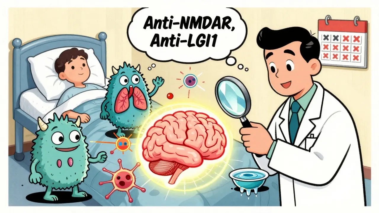 A doctor examines a brain with three cartoon antibody monsters attacking nerve cells, each linked to a different cancer type.