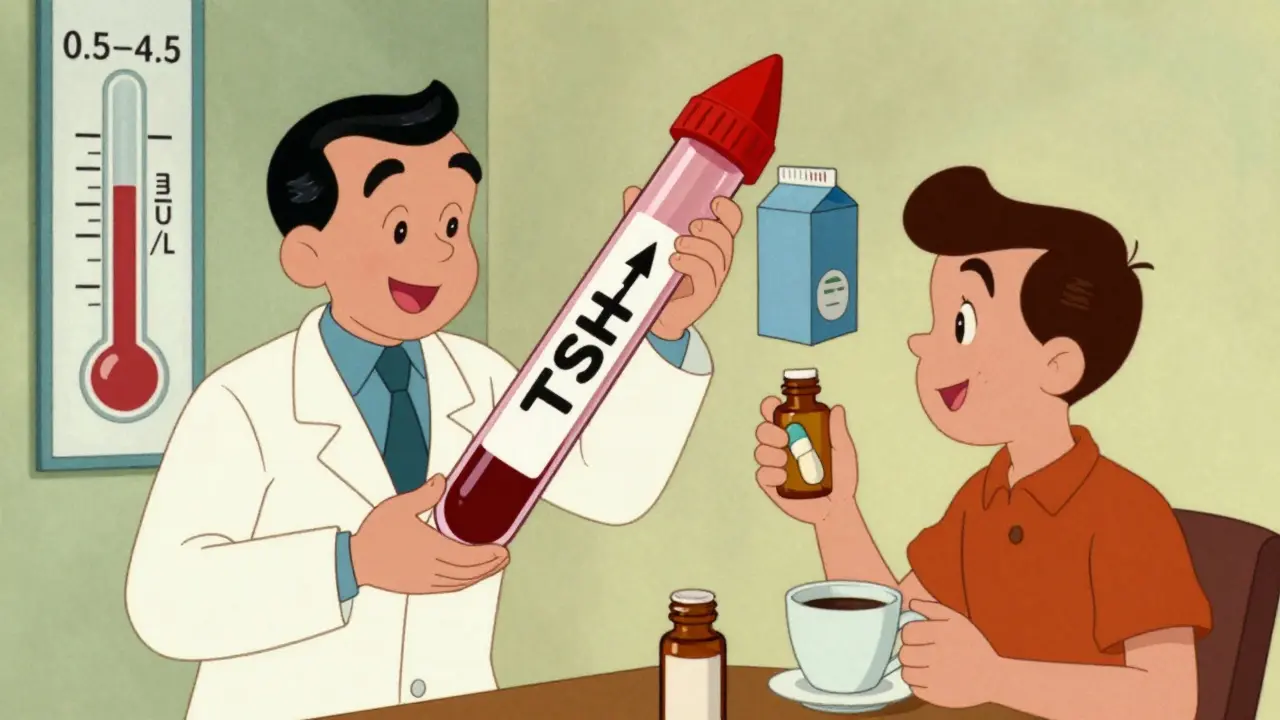 A doctor holding a giant TSH blood test tube while a patient is blocked by coffee, calcium, and soy milk.