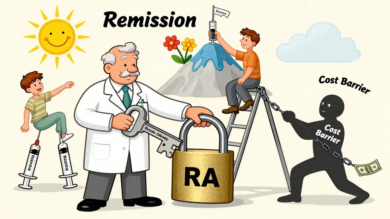 A doctor unlocks a joint padlock with a biologic DMARD key as a patient climbs toward remission on syringe ladders.