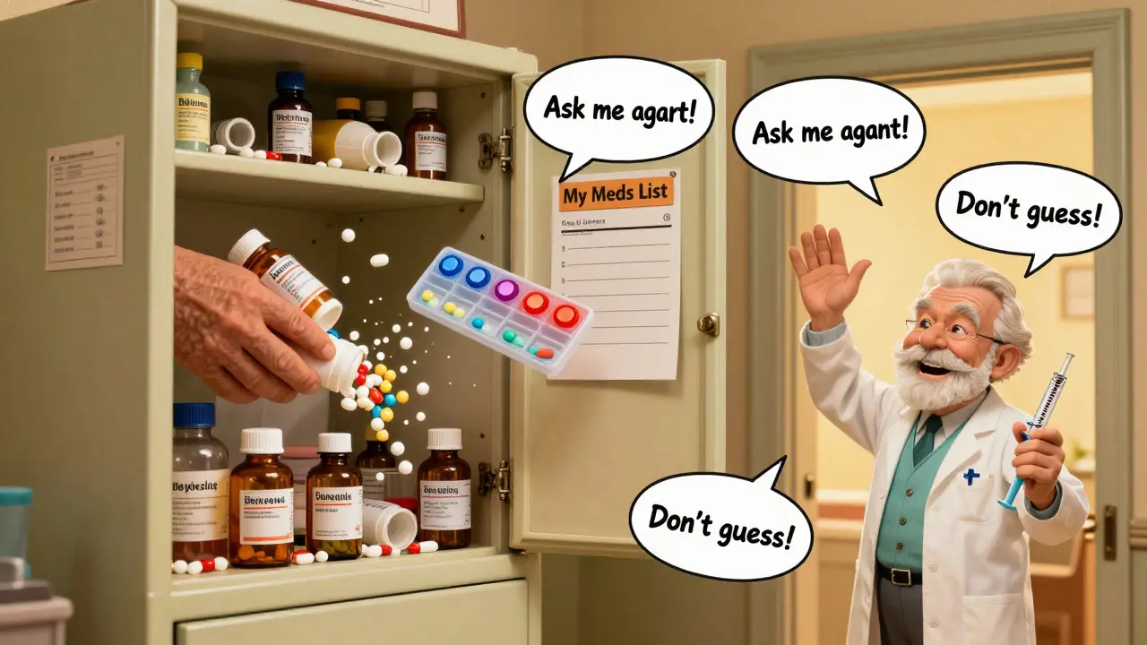 A messy medicine cabinet with pills spilling out, next to a labeled pill organizer and pharmacist.