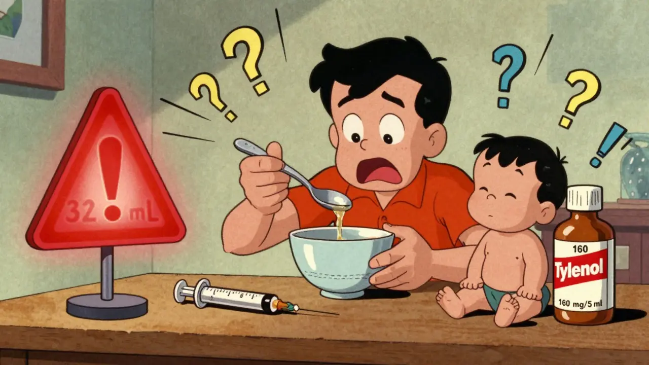 A parent using a kitchen spoon to measure liquid medicine while a dosing syringe sits unused.