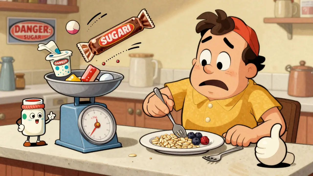 A patient measuring healthy foods while sugary snacks are thrown away, in vintage cartoon style.