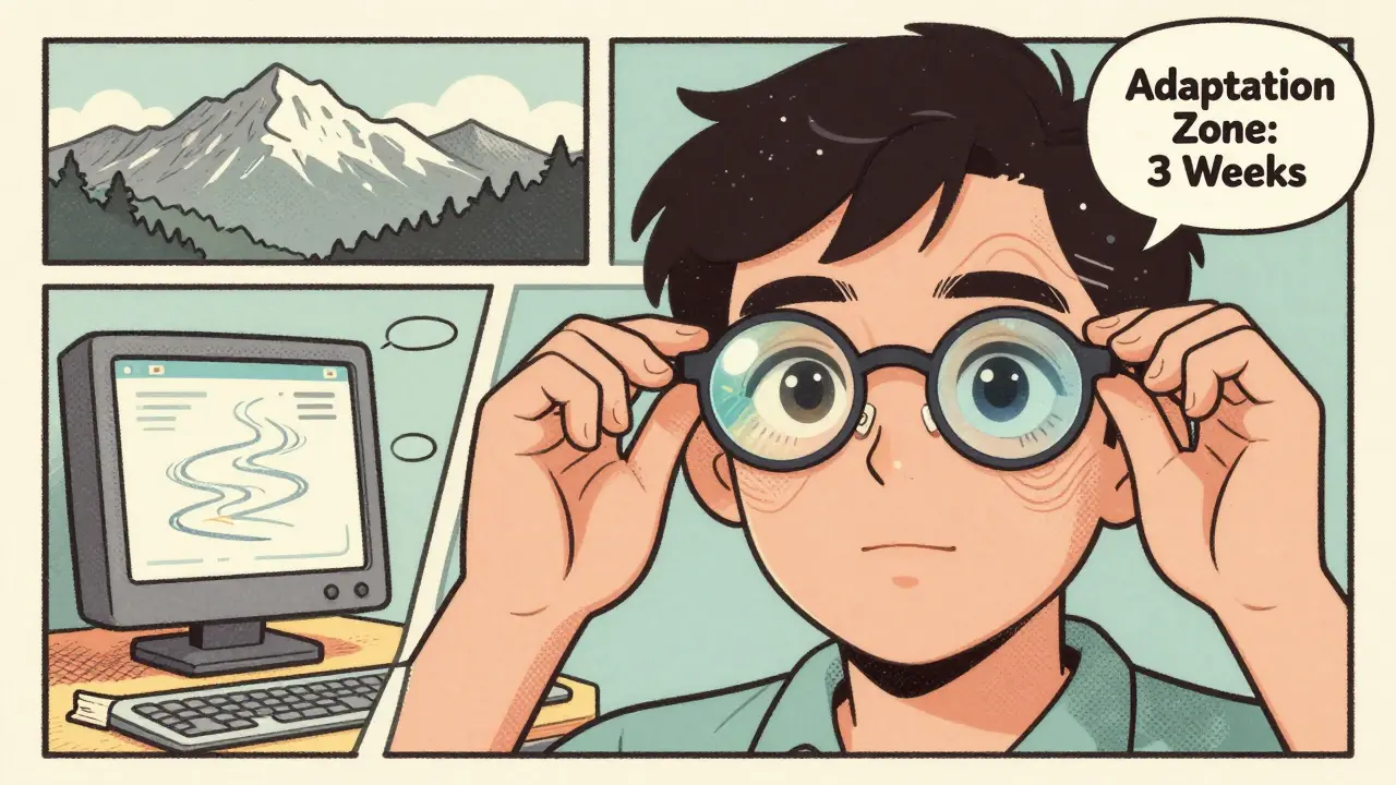 A person wearing progressive lenses with three visual zones shown as comic panels, surrounded by distortion lines.