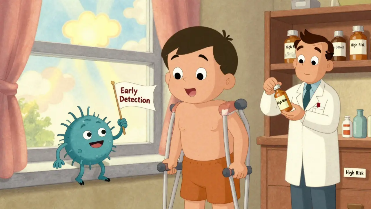 A recovering patient stands with crutches as a hopeful immune cell waves a flag, in warm vintage cartoon style.