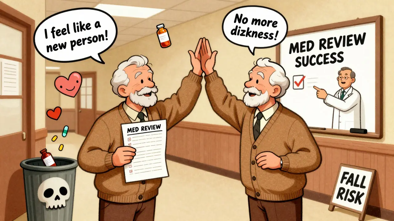 A senior couple celebrates after a successful medication review with a clean pill list.