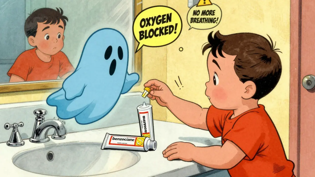 A toddler reaches for benzocaine gel while a ghostly warning rises from the tube in vintage cartoon art.
