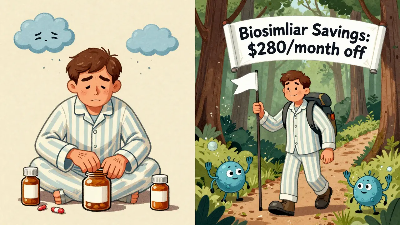 Before and after: a patient struggles to open a jar versus hiking happily, with biosimilar cost savings banner above.