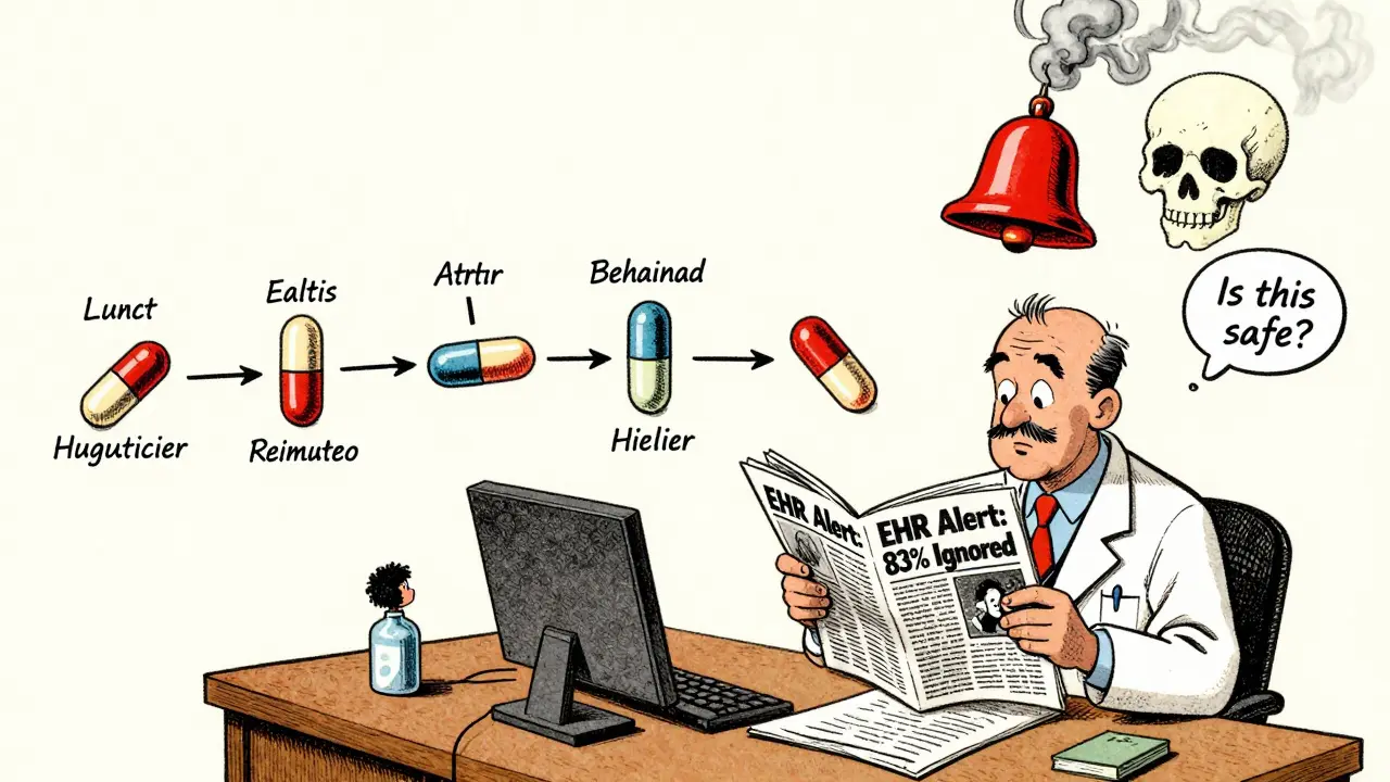 Cartoon doctor ignoring warning pills and an alert about missed drug interactions in a cluttered office.