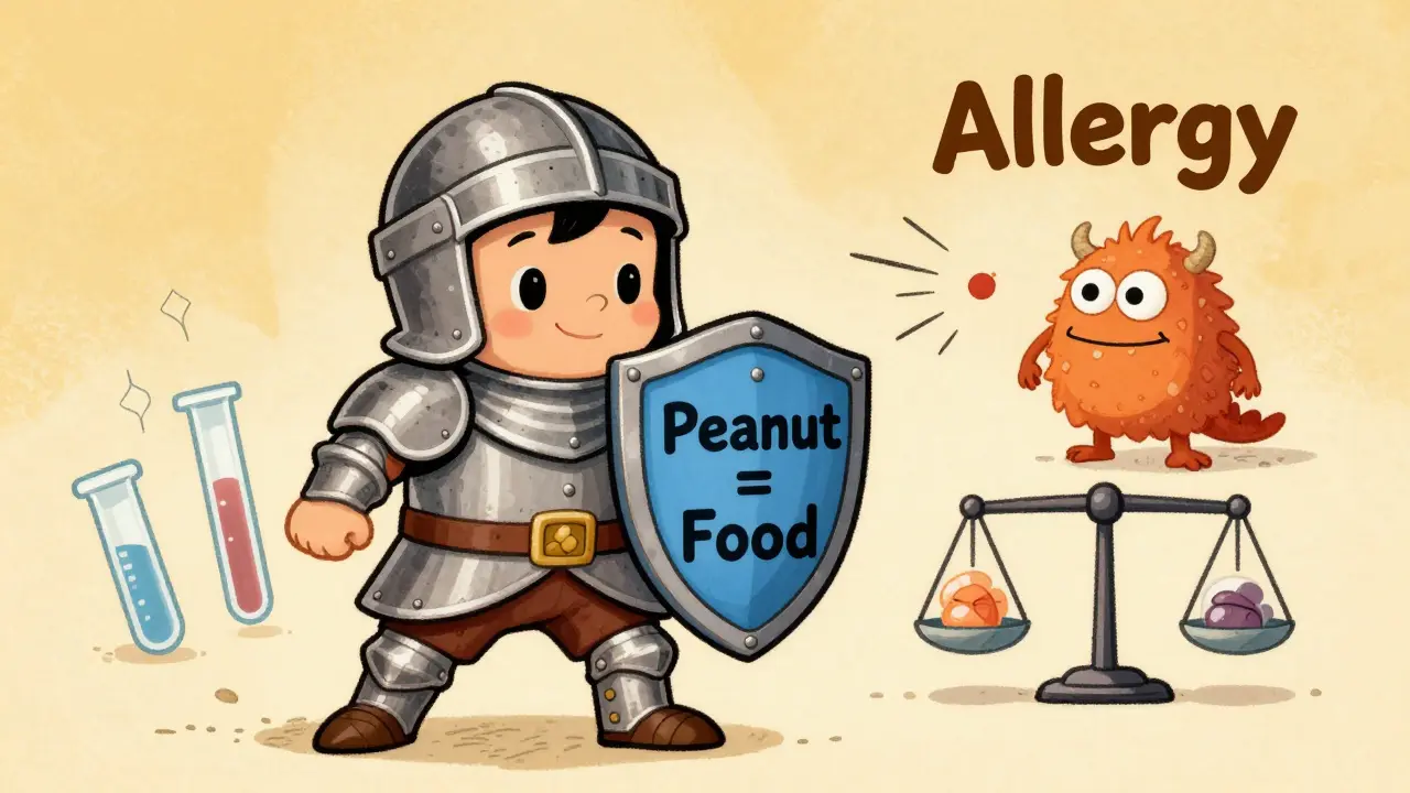 Cartoon immune system knight defending against allergy monster, timeline showing early peanut introduction
