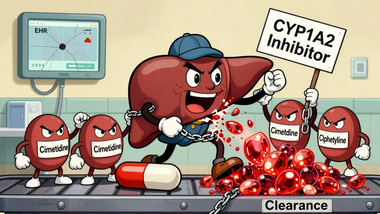 Cartoon liver being blocked by inhibitor pills, with theophylline molecules piling up in a toxic pile.
