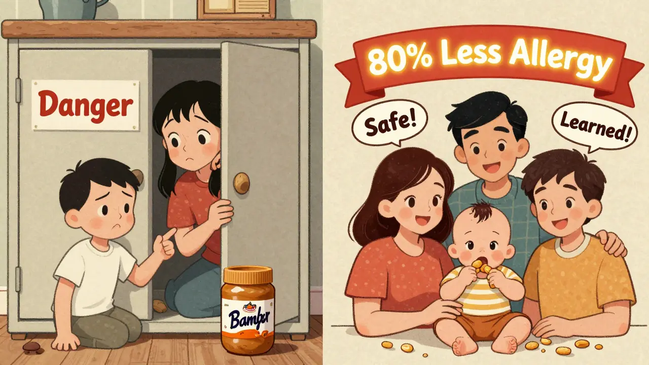 Contrasting 1990s peanut avoidance vs modern safe introduction, retro cartoon style