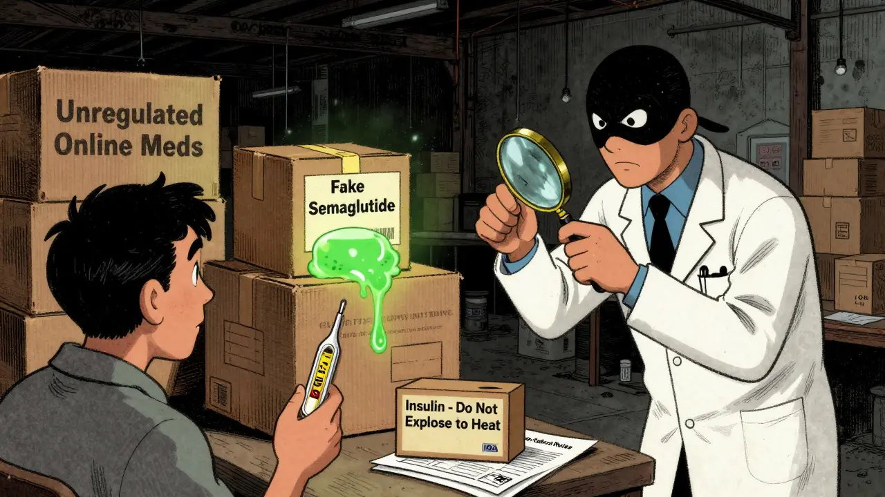 Dark warehouse with fake meds leaking, patient holding thermometer next to unsafe insulin package.