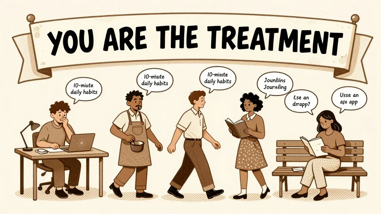 Diverse people practicing daily habits to reduce chronic pain, cartoon illustration.