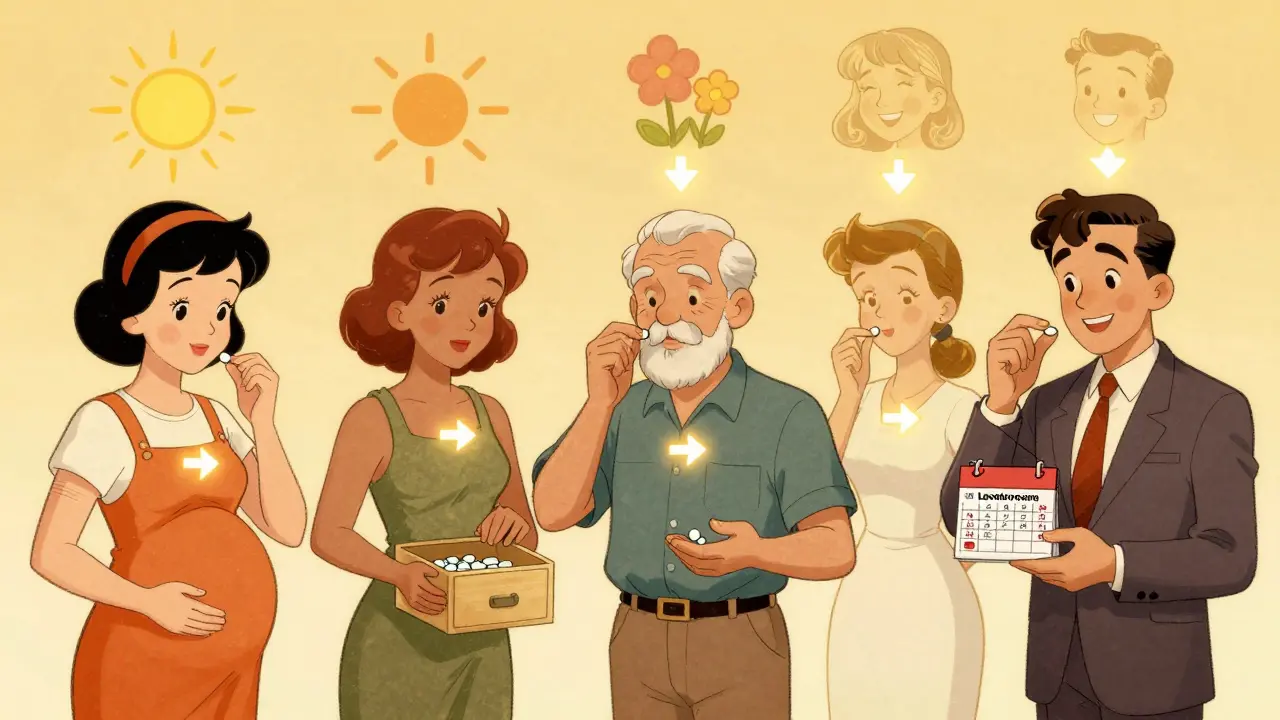 Diverse people taking levothyroxine correctly with icons of health returning in vintage cartoon style.