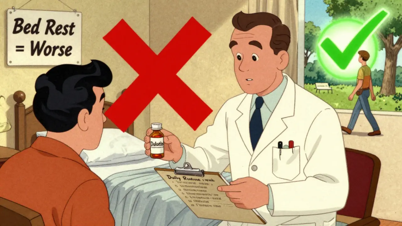 Doctor giving patient medication while rejecting bed rest, vintage cartoon style.