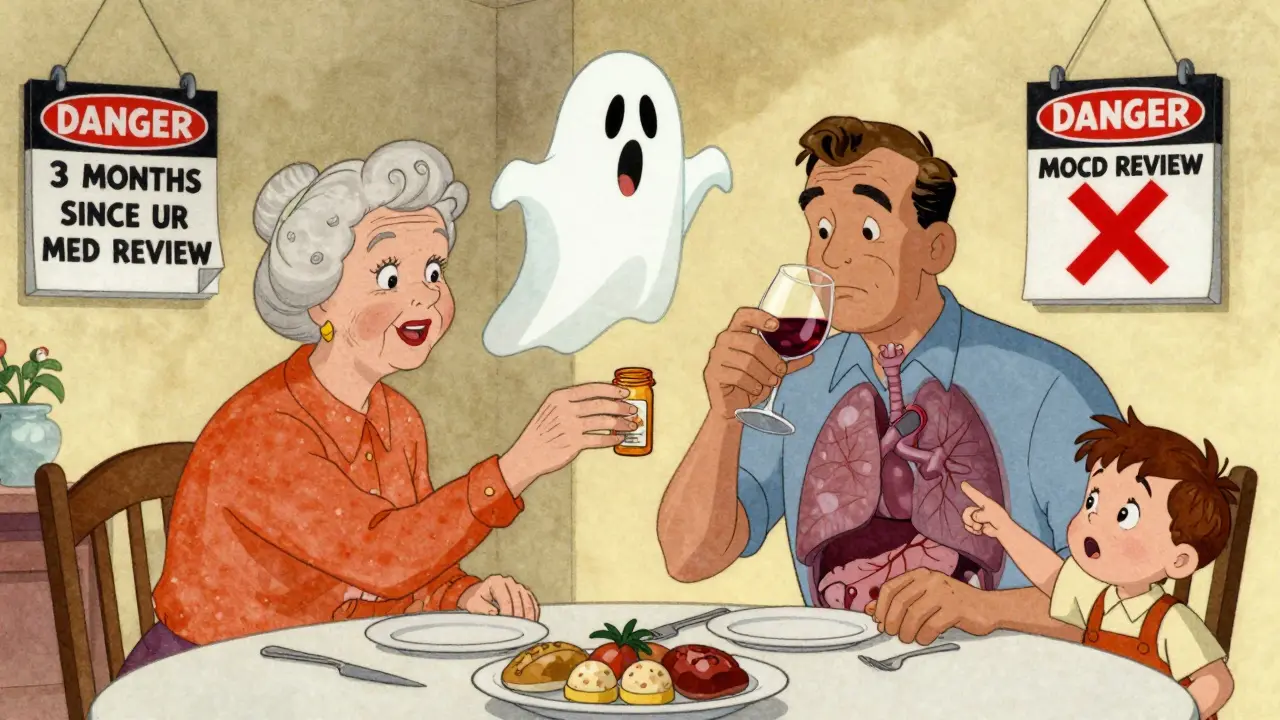 Elderly couple at dinner with translucent bodies showing internal organs shutting down, child pointing in alarm.
